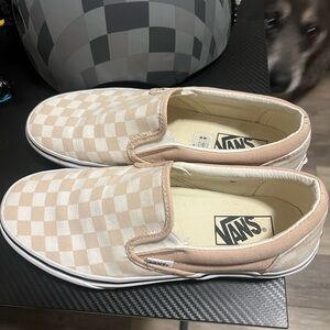 Vans Slip-On Checkerboard Sneakers in Beige and White